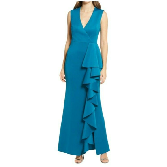 ELIZA J Womens In Peacock Ruffle Stretch Satin Gown Size 8 - Picture 1 of 10